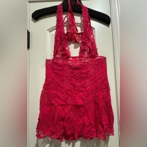NWOT VS Lace Halter Baby Doll in Vibrant Pink with matching V String Panty